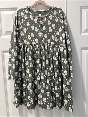 Gray Bunny Print Tiered Long Sleeve Dress